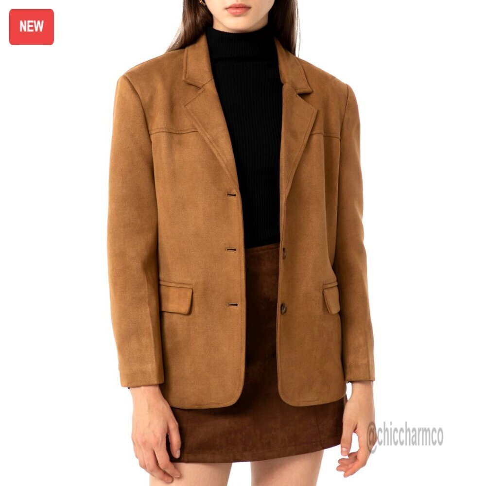 Faux Suede Blazer Jacket Vintage Retro Elegant Casual Winter Coats Fall Fashion